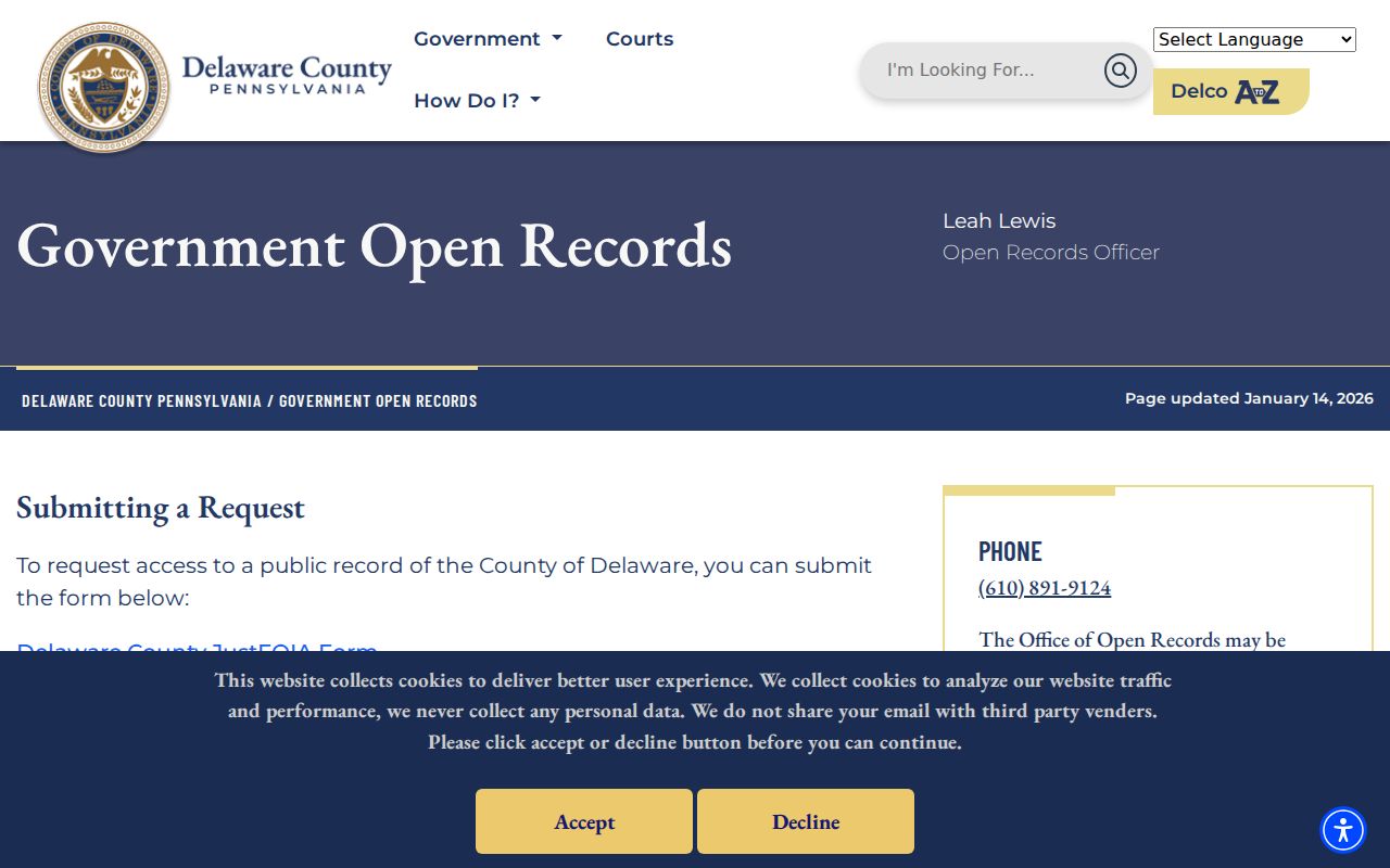 Delaware County arrest record request channels