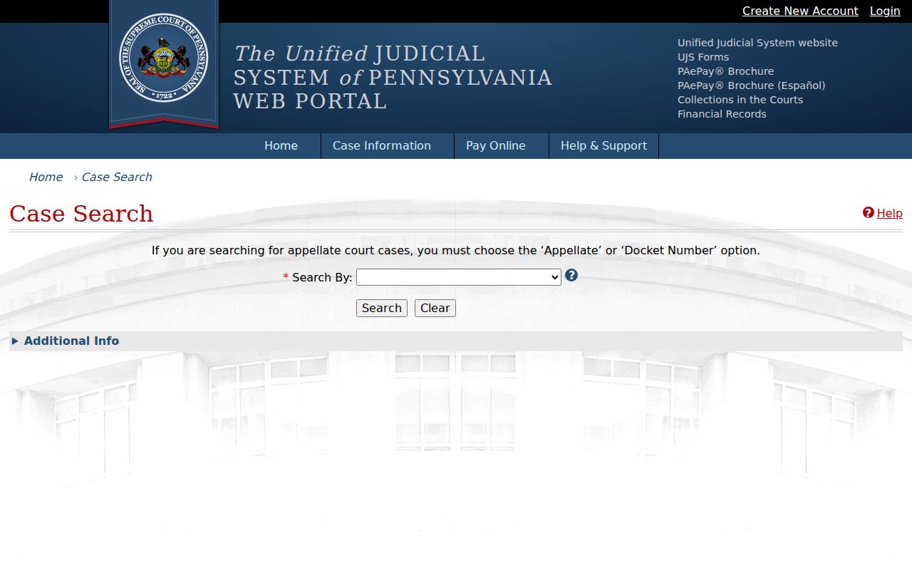 Delaware County criminal court case search interface