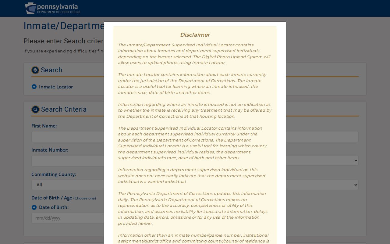 Delaware County criminal history state inmate locator fields