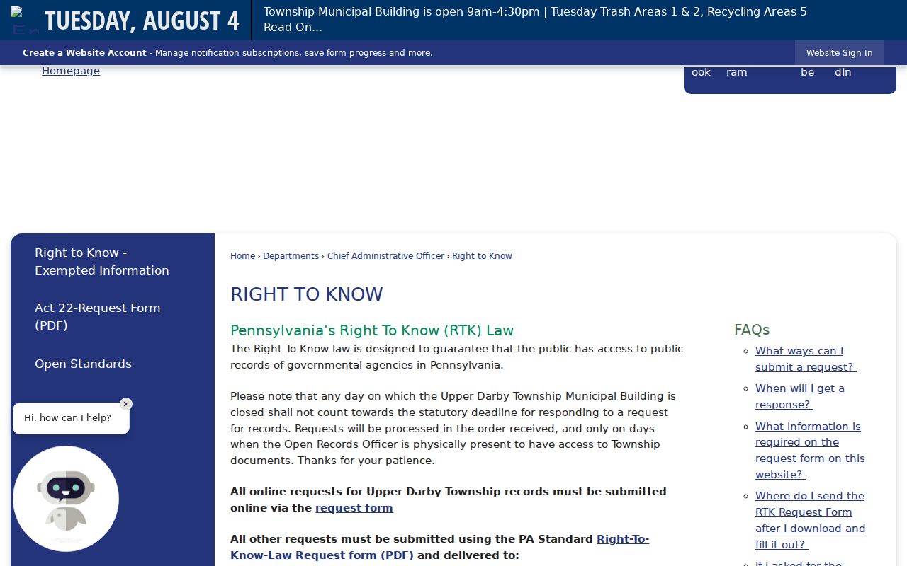 Upper Darby criminal records Right-to-Know request instructions